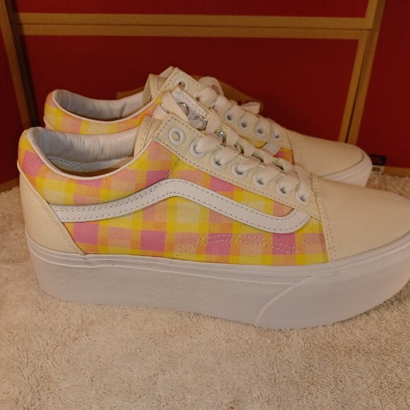 VANS Men's 6.5/Women's 8 Old Skool Stackform Platform Pastel Picnic Pink Plaid - Picture 12 of 13